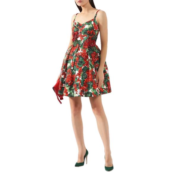 NWT Dolce & Gabbana Red Floral Geranium Pleated Mini Dress IT 42 M - Picture 2 of 9